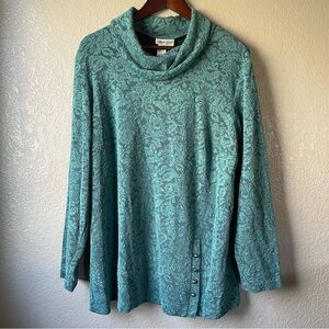 Coldwater Creek Womens 2X Teal Lace Artsy Boho Floral Cowl Neck Tunic Top